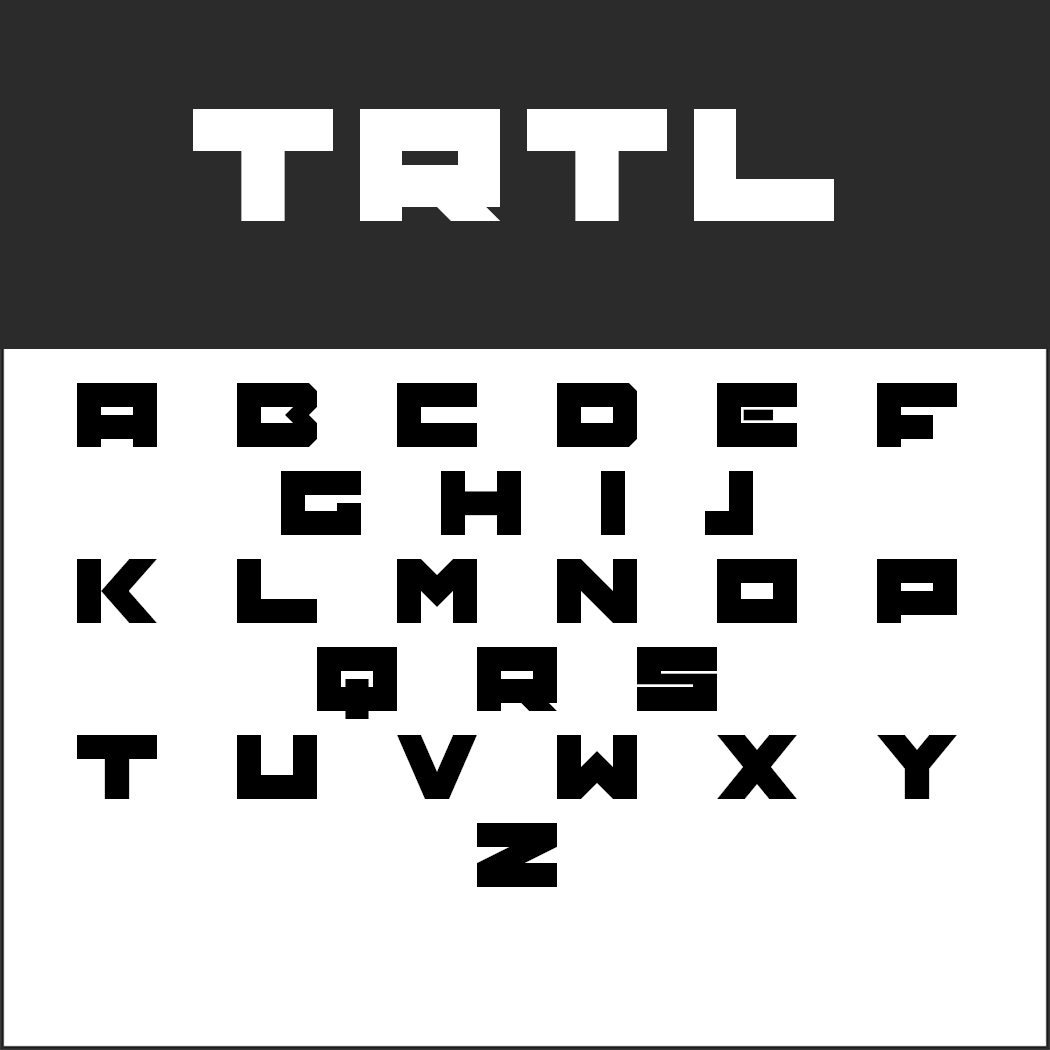 Eine stilisierte Blockschrift namens „TRTL“ wird angezeigt, die an Graffiti-Schrift erinnert. Der obere Bereich zeigt das Wort „TRTL“ in großen Buchstaben auf schwarzem Hintergrund. Darunter wird das gesamte Alphabet in einem Rasterformat dargestellt, wobei jeder Buchstabe im gleichen urbanen Blockstil gehalten ist.