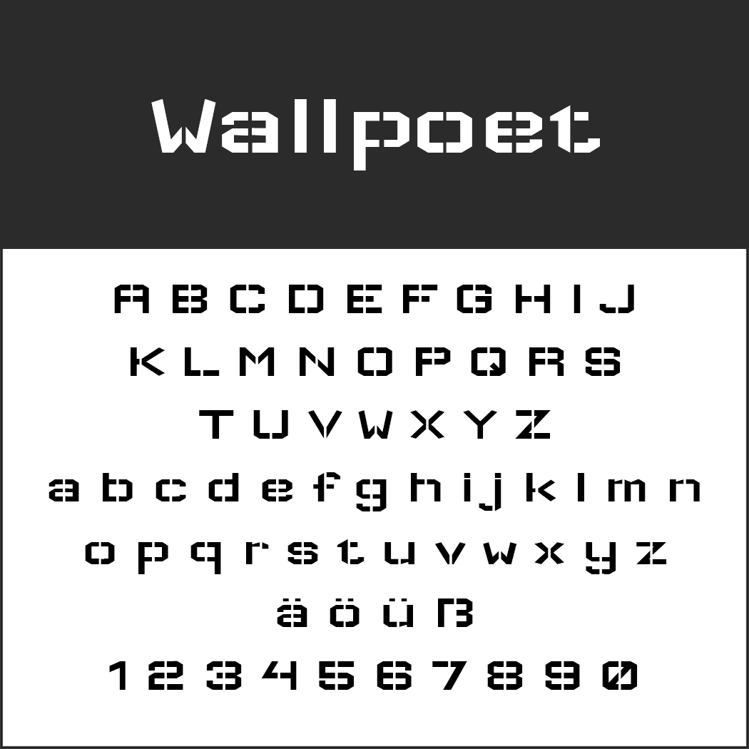 Eine Grafik mit dem Titel „Wallpoet“ zeigt einen fettgedruckten Graffiti-Schriftzug. Der Text enthält Groß- und Kleinbuchstaben von A bis Z, die deutschen Sonderzeichen ä, ö, ü, Ä, Ö, Ü und die Zahlen 0 bis 9 in einem blockartigen Schablonendesign.