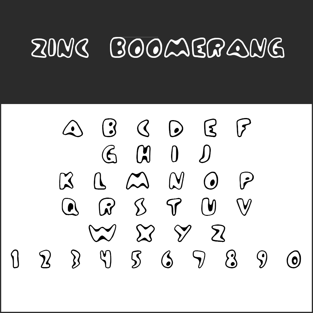 Das Bild zeigt „Zinc Boomerang“, ein Alphabet und Zahlen in Graffiti-Schrift. Die Buchstaben A bis Z und die Zahlen 0 bis 9 sind in einer stilisierten, wellenförmigen Schriftart mit ungleichmäßiger, verspielter Form in Schwarz auf weißem Hintergrund dargestellt.