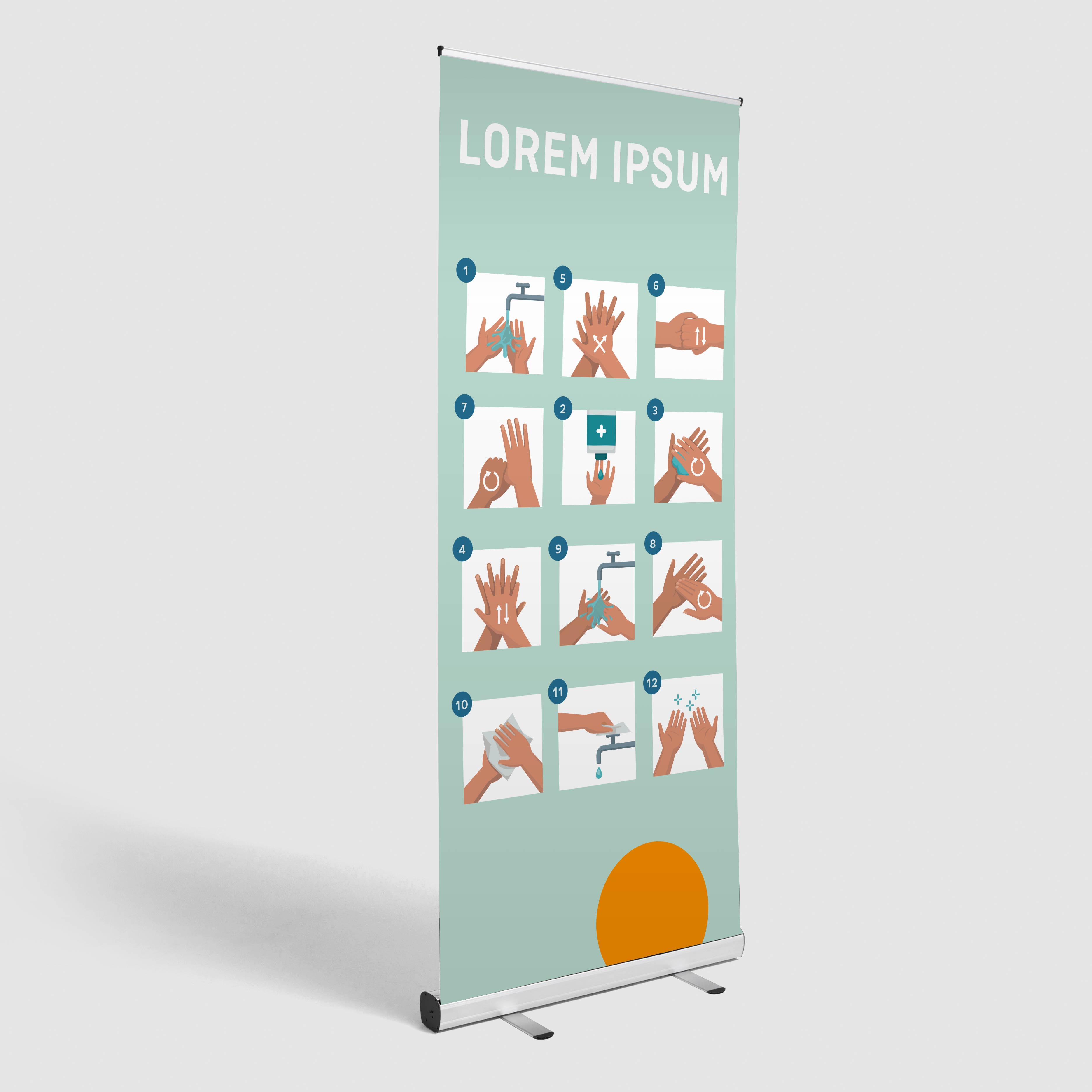 Ein stehendes Banner zeigt eine Schritt-für-Schritt-Anleitung zum Händewaschen mit zwölf illustrierten Schritten. Oben steht der Text „Lorem Ipsum“. Die Basis des Banners ist silberfarben, der Hintergrund hellgrün und orange.