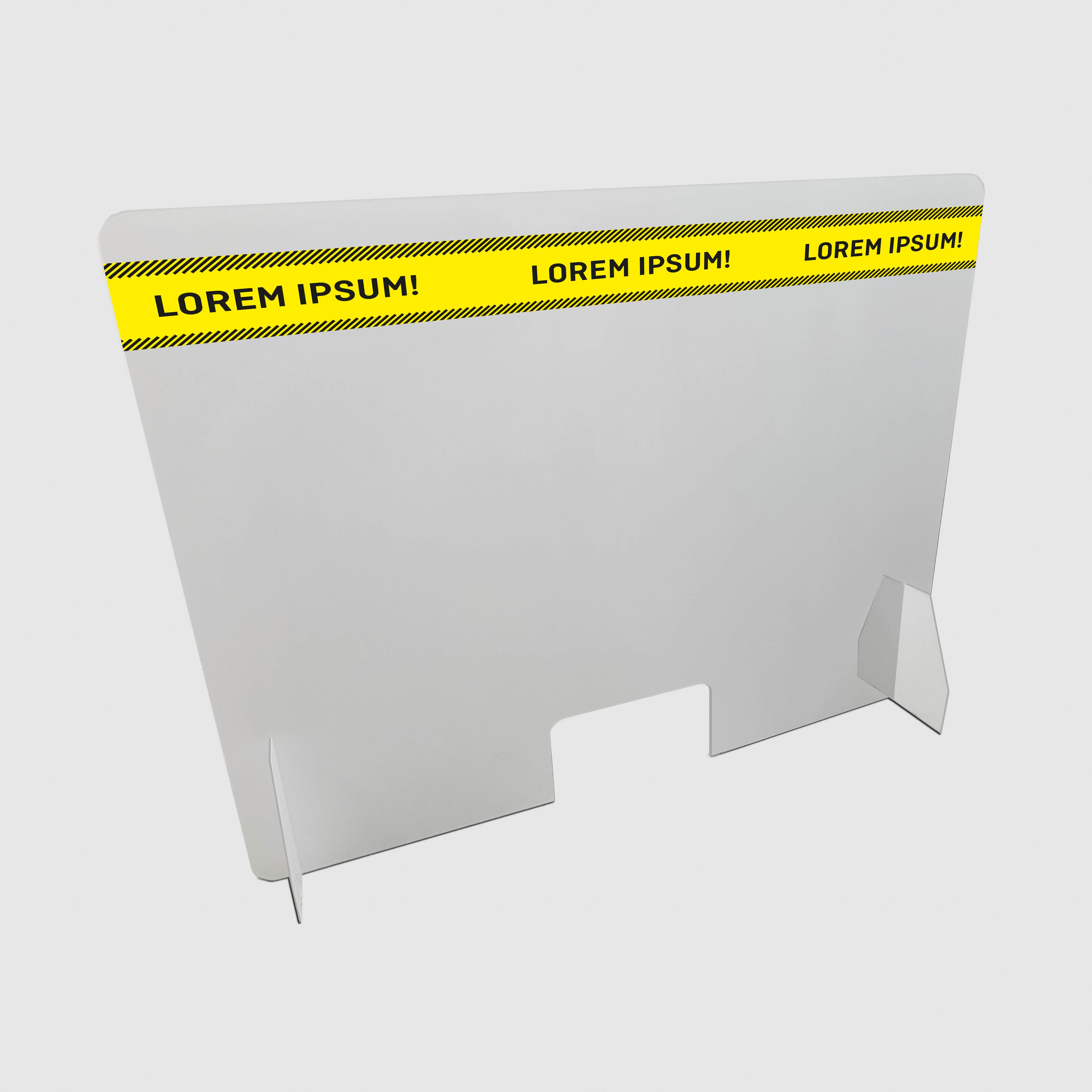 Ein durchsichtiger Acrylschirm mit einem kleinen Ausschnitt in der Mitte unten. Oben ist ein gelb-schwarzes Absperrband mit dem fettgedruckten Text „LOREM IPSUM!“ angebracht. Der Schirm wird von zwei seitlichen Ständern getragen.