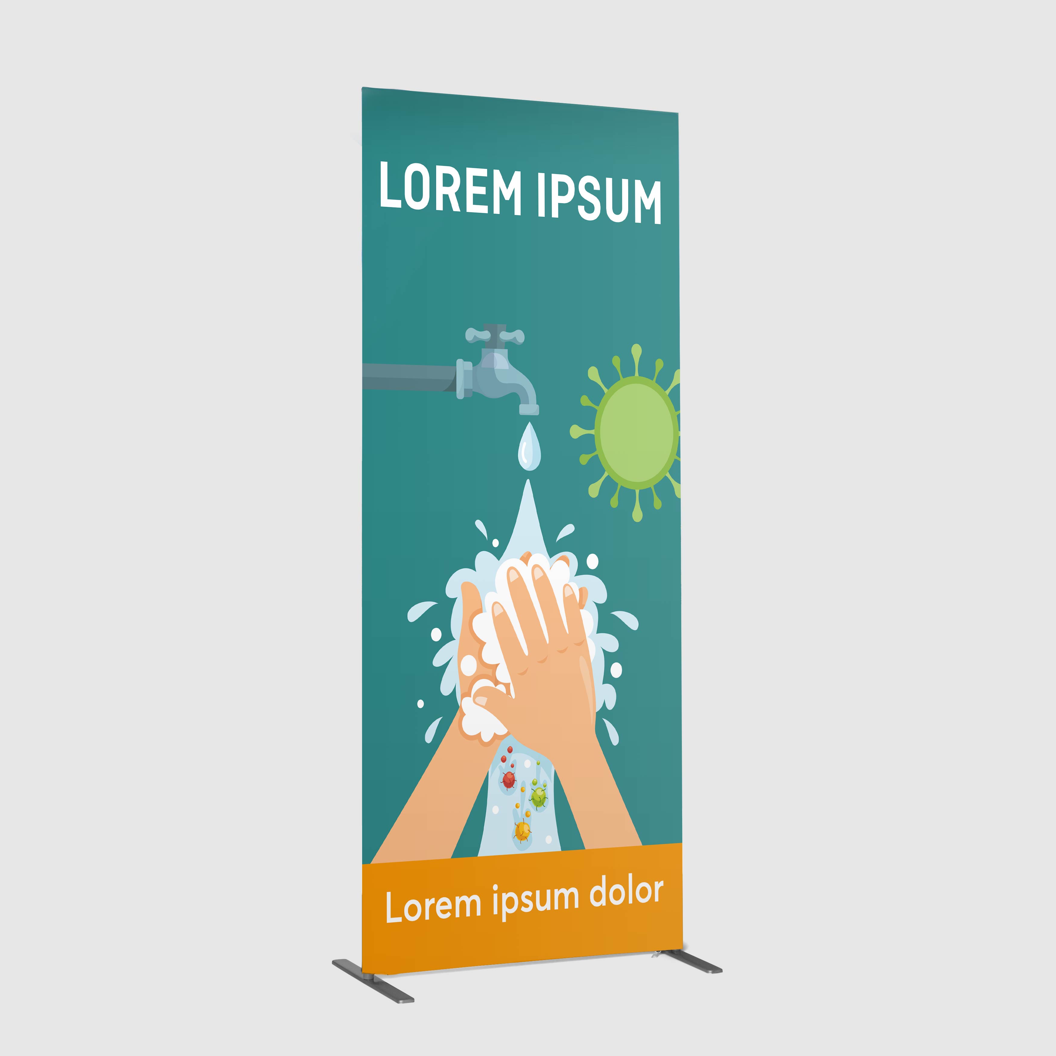 Banner mit einer Abbildung von Händen unter fließendem Wasser aus einem Wasserhahn, die zum Händewaschen auffordern. An der Seite befindet sich ein grünes Virensymbol. Der Hintergrund ist blaugrün mit dem Text „Lorem Ipsum“ oben und unten.