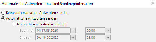 Zeitraumfestlegung der Abwesenheitsnotiz in Outlook