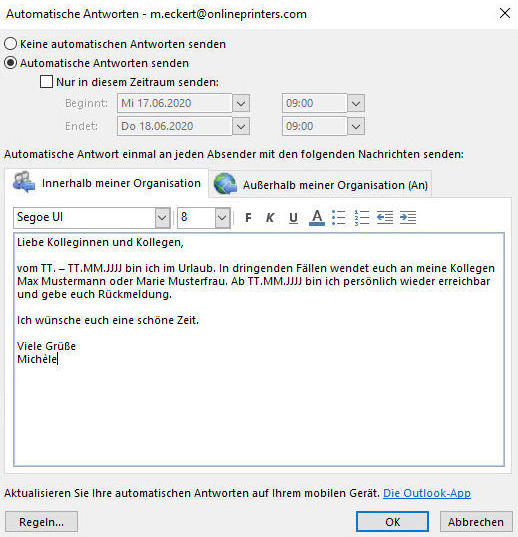 Outlook-Fenster zur Bearbeitung der automatischen Antwort