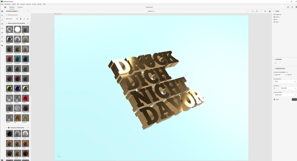 Der 3D-Text in Gold lautet „DRÜCK DICH NICHT DAVOR“ auf hellblauem Hintergrund in einem Blender-Arbeitsbereich. Um den Text herum sind verschiedene Bedienfelder und Optionen sichtbar.