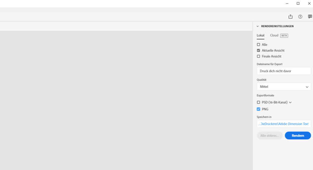Screenshot des Render-Einstellungsmenüs von Adobe Dimension. Optionen wie „Lokal“ und „Cloud“ werden rechts angezeigt, mit Dateiformaten wie PSD und PNG, einem Qualitätsregler sowie Schaltflächen für Ausgabepfade und die Aktion „Rendern“.