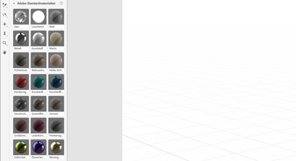 Eine digitale Benutzeroberfläche zeigt in der linken Seitenleiste verschiedene Materialoptionen wie Glas, Metall und Holz an. Der Hauptbereich ist ein leerer, gitterförmiger Arbeitsbereich, der auf eine Design- oder Modellierungssoftwareumgebung hindeutet.
