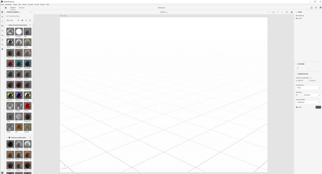 Eine digitale 3D-Modellierungsoberfläche mit leerem Arbeitsbereich. Die linke Seitenleiste zeigt verschiedene Materialoptionen, die rechte Seitenleiste Eigenschaften und Einstellungen. Das Rastermuster bedeckt den mittleren Bereich.