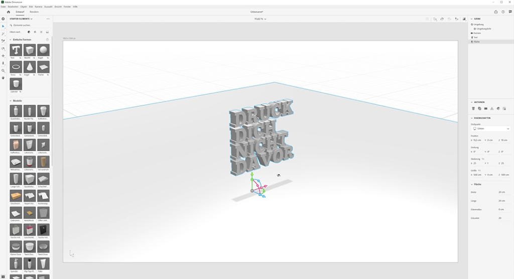 Die 3D-Design-Softwareoberfläche zeigt den Text „DRUCK DICH NICHT DAVOR“ in 3D, aufrecht positioniert auf einem virtuellen Raster. Symbolleisten und ein Bereich mit Gestaltungsoptionen sind links und rechts auf dem Bildschirm sichtbar.