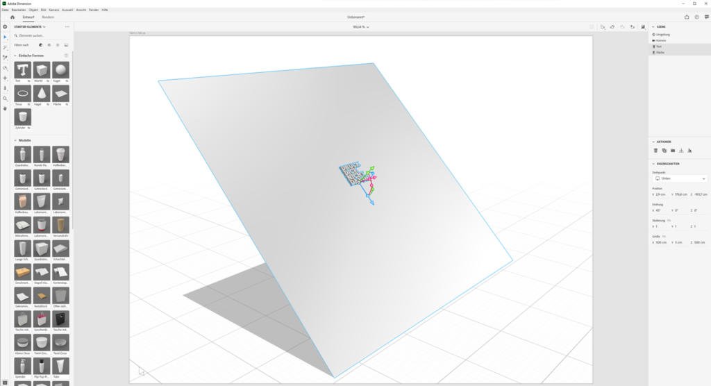 Die Benutzeroberfläche einer 3D-Modellierungssoftware zeigt eine große, flache, rechteckige Oberfläche, die schräg über einem Rasterhintergrund angeordnet ist. Die Symbolleistensymbole befinden sich links, die Eigenschafteneinstellungen rechts. Der Fokus liegt auf einem kleinen, farbigen Achsenwerkzeug in der Mitte der Oberfläche.