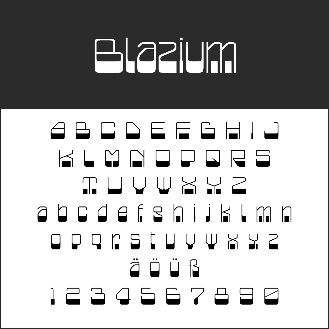 „Blazium“, eine futuristische Schriftart im Retro-Stil, sticht auf einem dunklen Hintergrund hervor. Darunter wird das Alphabet in Groß- und Kleinbuchstaben zusammen mit Sonderzeichen (ä, ö, ü) und den Zahlen 0-9 angezeigt, alles vor einem strahlend weißen Hintergrund.