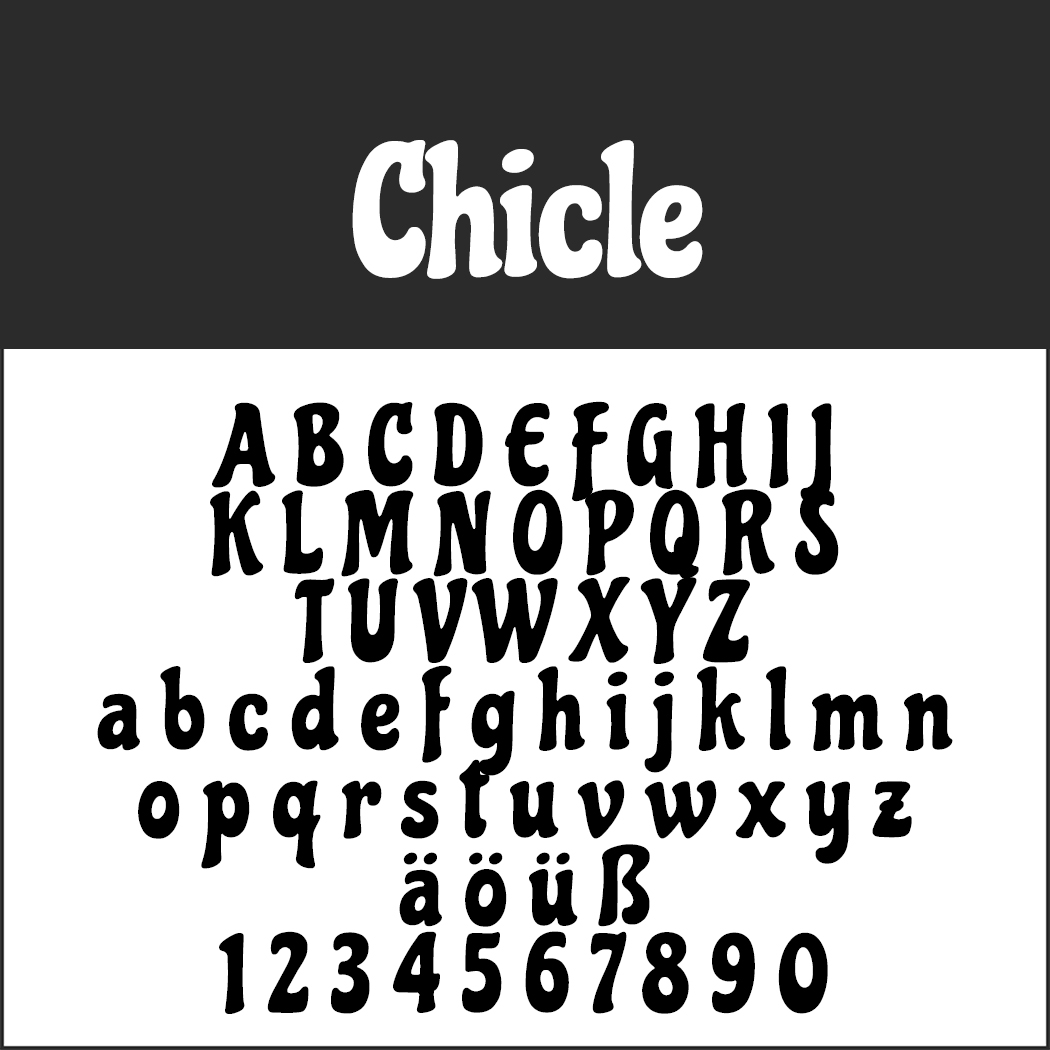 Ein schwarz-weißes typografisches Bild, das die Retro-Schriftart „Chicle“ zeigt. Es enthält Groß- und Kleinbuchstaben, Sonderzeichen (ä, ö, ü, ß) und die Zahlen 0-9 in einem geschwungenen, fetten Stil.