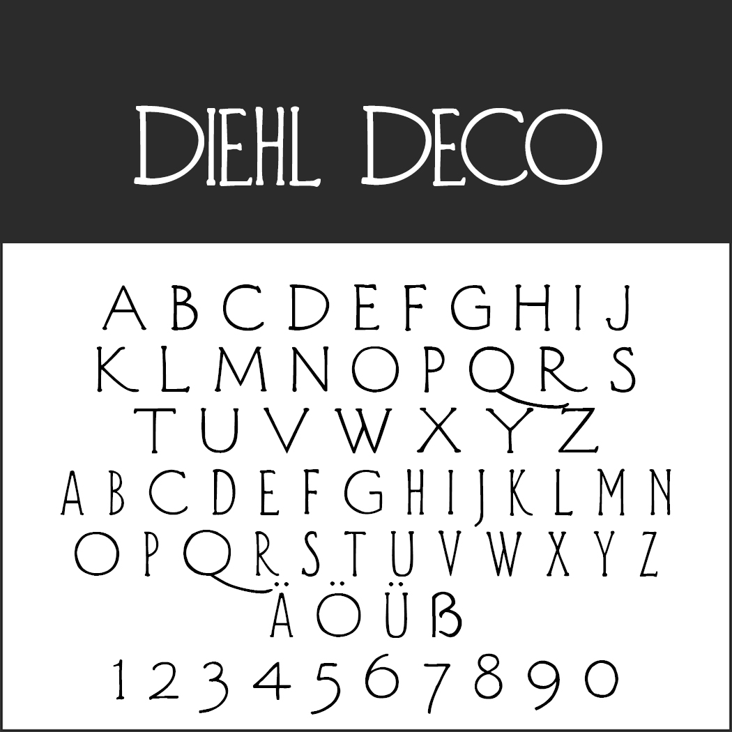 Retro-Schriften treffen auf modernes Design in der Art-déco-Schrift „Diehl Deco“, die oben zu sehen ist. Darunter sind die Großbuchstaben A–Z elegant in zwei Reihen angeordnet, ergänzt durch zusätzliche Buchstaben und Ziffern von 0–9 sowie die Akzentbuchstaben Ä, Ö, Ü und ß.