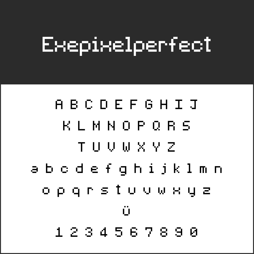 Ein Beispielbild zeigt die Pixelschriftart „Exepixelperfect“, die einen Retro-Font-Vibe verkörpert. Sie enthält die Großbuchstaben A–Z, Kleinbuchstaben a–z, den Buchstaben „ü“ und die Ziffern 0–9, alle übersichtlich in einem einfachen Raster angeordnet.