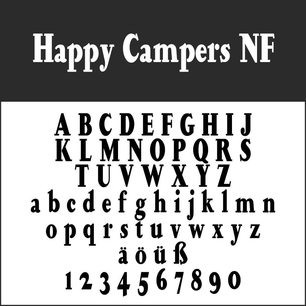 Ein Typografiebeispiel für die Schriftart „Happy Campers NF“ zeigt ihren Retro-Flair. Das Bild zeigt Großbuchstaben A–Z, Kleinbuchstaben a–z, die Sonderzeichen ä, ö, ü, ß und die Zahlen 0–9 auf schwarzem Grund mit dem Schriftnamen und weißem Grund mit den Buchstaben.