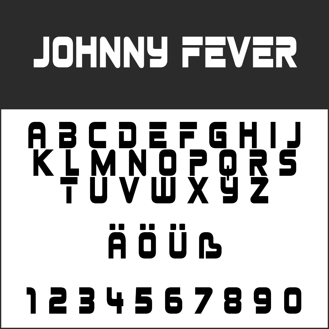 Entdecken Sie die Schriftart Johnny Fever, ein Retro-Design mit Großbuchstaben A–Z, den Sonderzeichen Ä, Ö, Ü, ß und den Zahlen 0–9. Ihr markanter und futuristischer Stil präsentiert sich auf einem markanten schwarz-weißen Hintergrund.