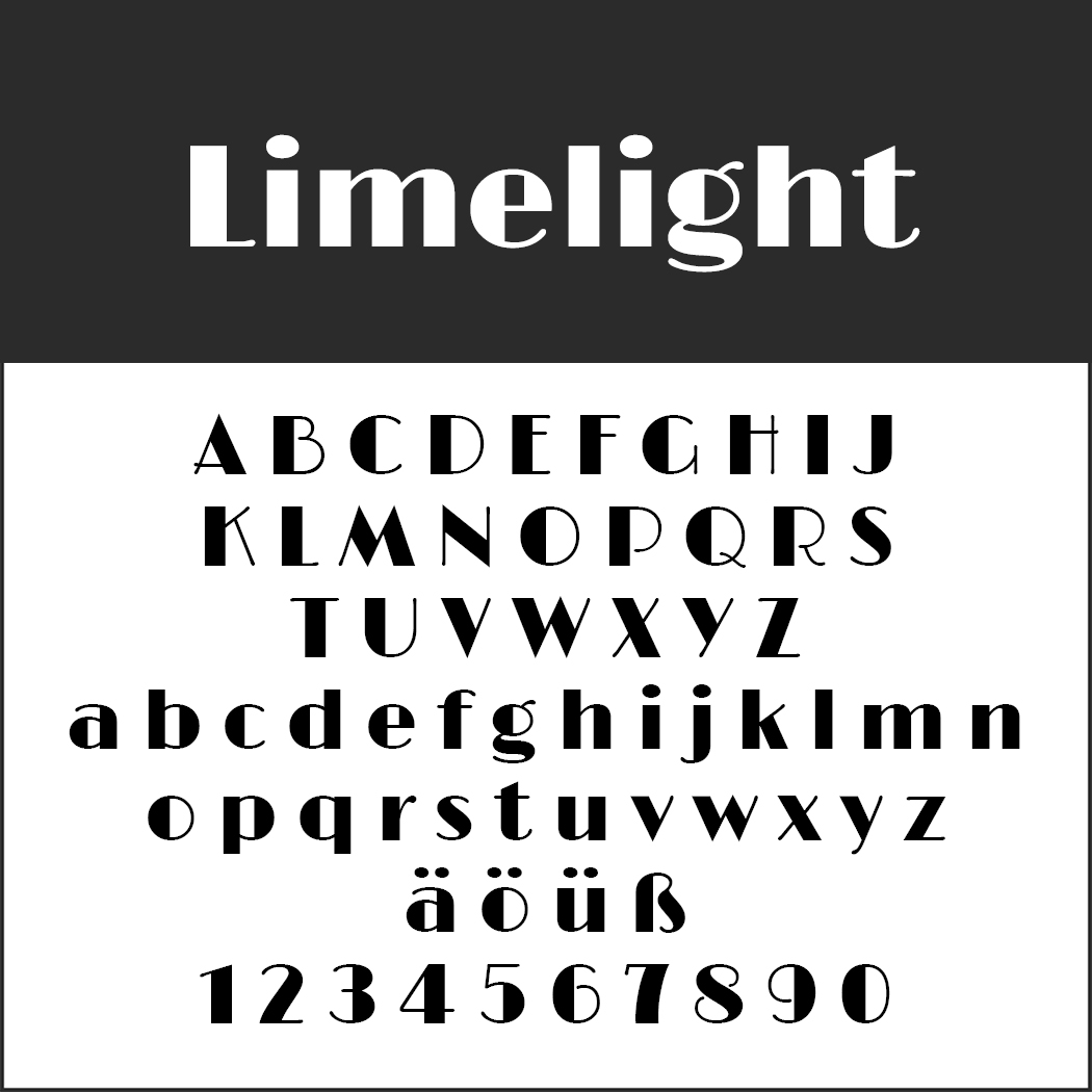 Das Textbild zeigt die Schriftart „Limelight“, deren markanter, eleganter Stil an Retro-Schriften erinnert. Sie enthält Groß- und Kleinbuchstaben sowie Sonderzeichen (ä, ö, ü, ß) und die Ziffern 1 bis 9 sowie die 0.