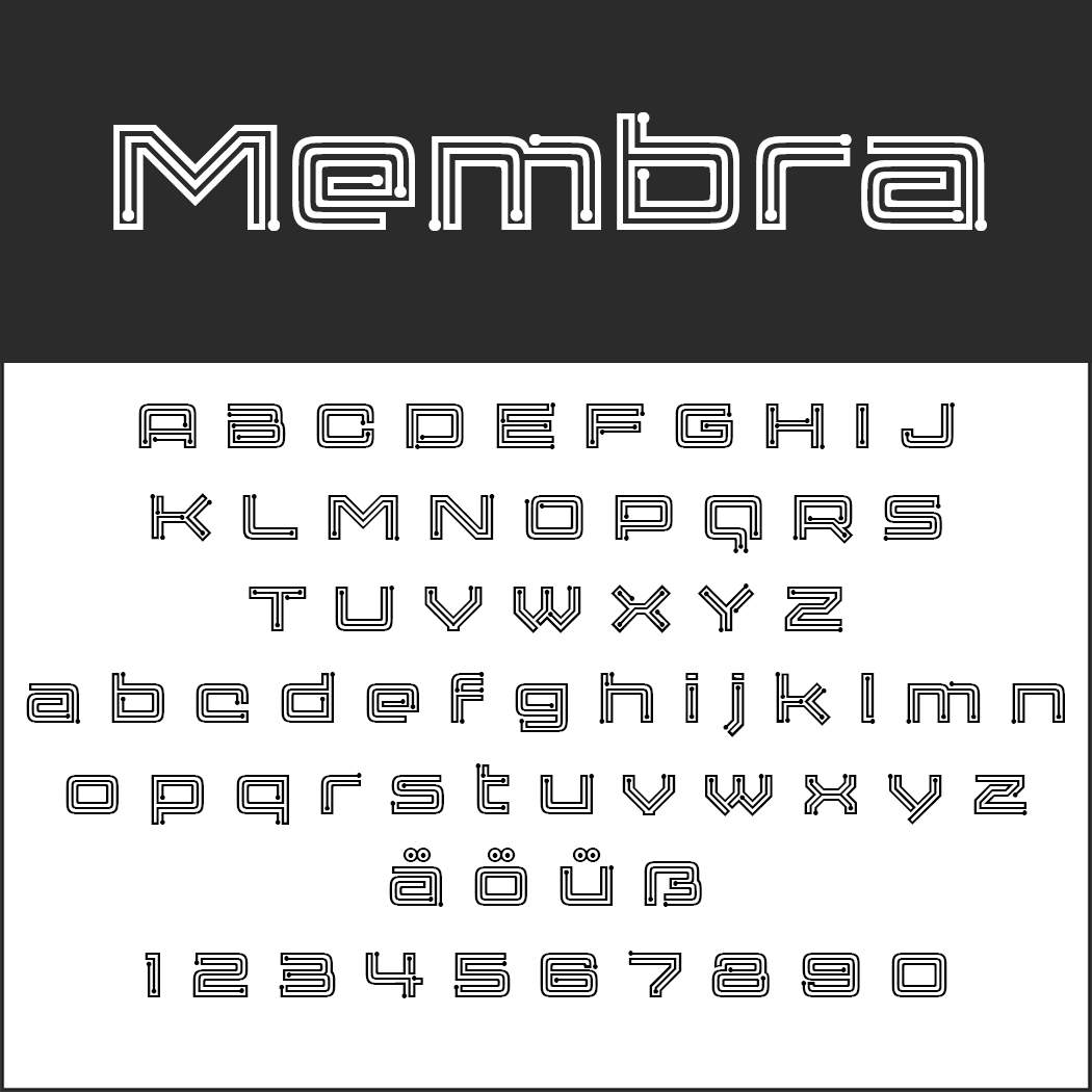 Bild der Displayschrift „Membra“, die futuristische Konturen mit Retro-Schriften verbindet. Sie zeigt Groß- und Kleinbuchstaben sowie Zahlen, einschließlich Akzentzeichen wie ä, ö, ü und ß. Der Hintergrund ist stilvoll in kräftige Schwarz-Weiß-Bereiche unterteilt.