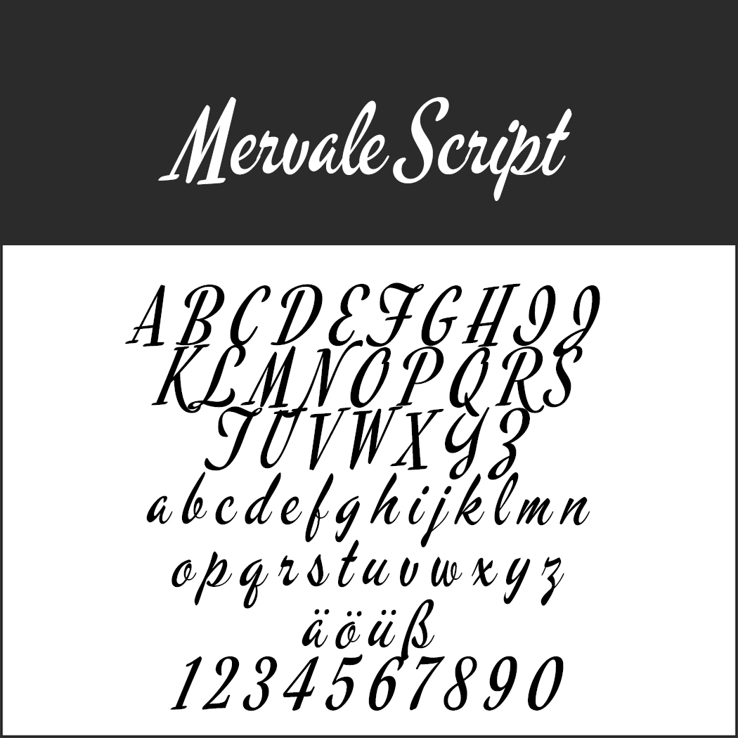 Mervale Script, eine charmante Retro-Schriftart, bietet einen kompletten Satz an Groß- und Kleinbuchstaben, Zahlen 0-9 und Sonderzeichen wie „äöüß“ für Ihre kreativen Projekte.