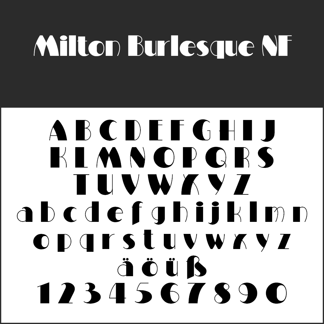 Stilisierte Buchstaben und Zahlen in der einzigartigen Schriftart „Milton Burlesque NF“ mit kräftigen, geschwungenen Formen und Retro-Flair. Groß- und Kleinbuchstaben sowie die Zahlen 0–9 werden angezeigt, einschließlich der Sonderzeichen ä, ö, ü und ß. Weißer Hintergrund mit schwarzem Text.