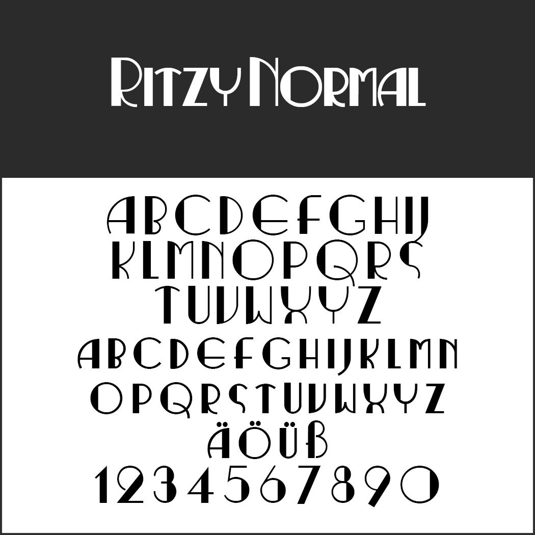 Das Schriftmuster „Ritzy Normal“ zeigt das Alphabet und die Zahlen in einer stilvollen, geschwungenen Retro-Schrift. Es enthält Großbuchstaben von A bis Z, Vokale mit Umlauten (Ä, Ö, Ü) und die Zahlen 0 bis 9 vor einem klassischen schwarz-weißen Hintergrund.