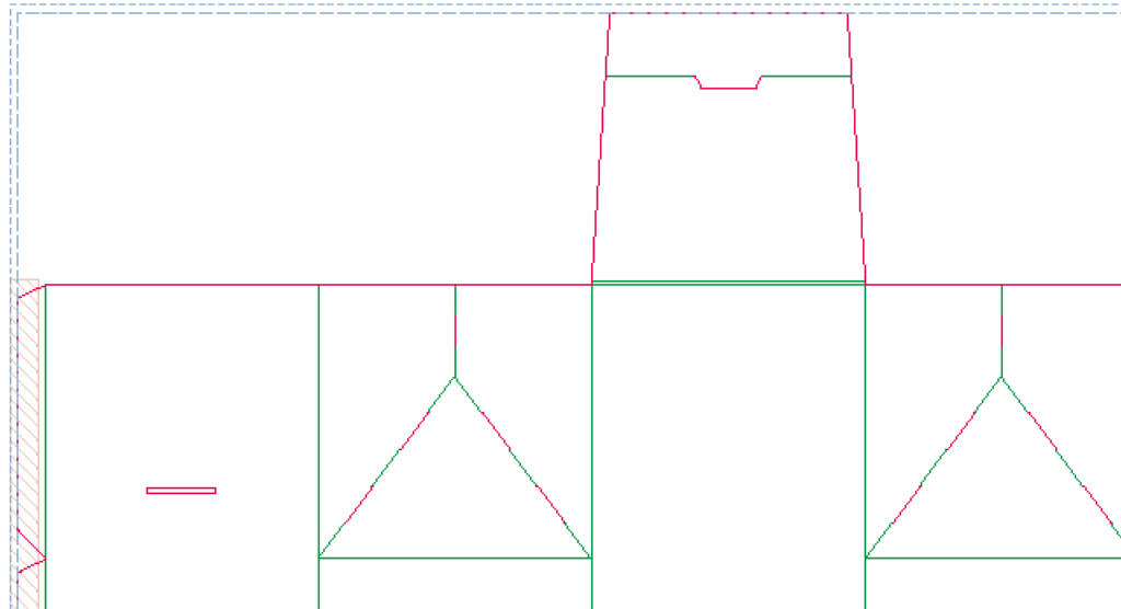 Eine technische Zeichnung mit geometrischen Formen und Linien, hauptsächlich in Grün und Rot, die verschiedene Winkel und Maße darstellt. Das Design umfasst Dreiecke, Rechtecke und einen gekerbten Abschnitt oben in der Mitte, alles vor weißem Hintergrund.