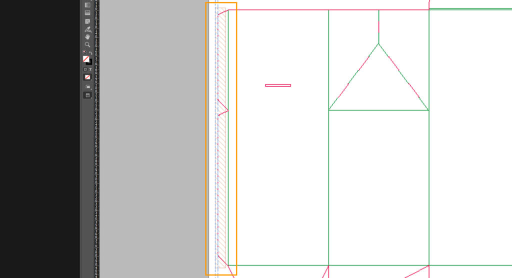 Eine technische Zeichnung mit bunten Linien, darunter Rot, Grün und Orange, stellt möglicherweise architektonische oder strukturelle Elemente dar. Links ist ein graues Feld mit Werkzeugsymbolen teilweise sichtbar, was auf die Benutzeroberfläche einer Designsoftware hindeutet.