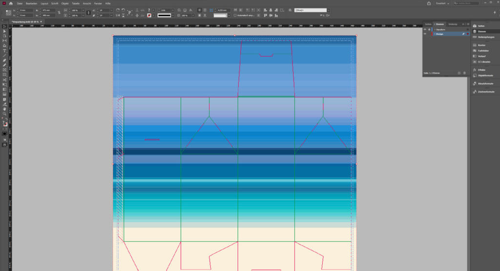 Screenshot einer Grafikdesign-Software mit einer Vorlage für ein Box-Design. Das Layout verfügt über blaue Farbverläufe, Hilfslinien und Umrisse zum Schneiden und Falten. Verschiedene Symbolleisten und Bedienfelder umgeben den Hauptarbeitsbereich.