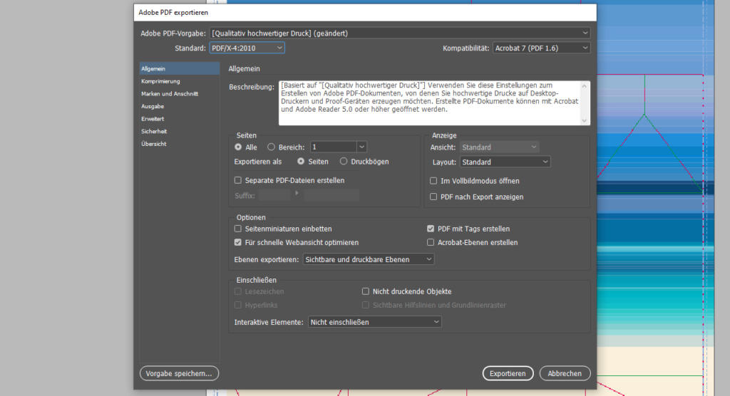 Screenshot des Dialogfelds „Adobe PDF exportieren“ in der Adobe-Software. Es zeigt verschiedene Einstellungen wie Kompatibilität, Layout und Darstellungsoptionen für den PDF-Export. Der Hintergrund zeigt einen Teil einer Grafikdesign-Oberfläche.