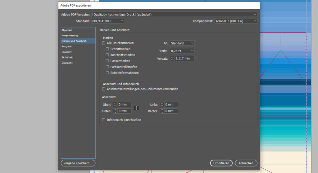 Screenshot der Adobe PDF-Exporteinstellungen mit Optionen für Marken und Anschnitte. Der Dialog enthält Kontrollkästchen für Schnittmarken, Passermarken, Farbbalken und Seiteninformationen. Es gibt außerdem Einstellungen für den Randversatz und eine Schaltfläche „Exportieren“.