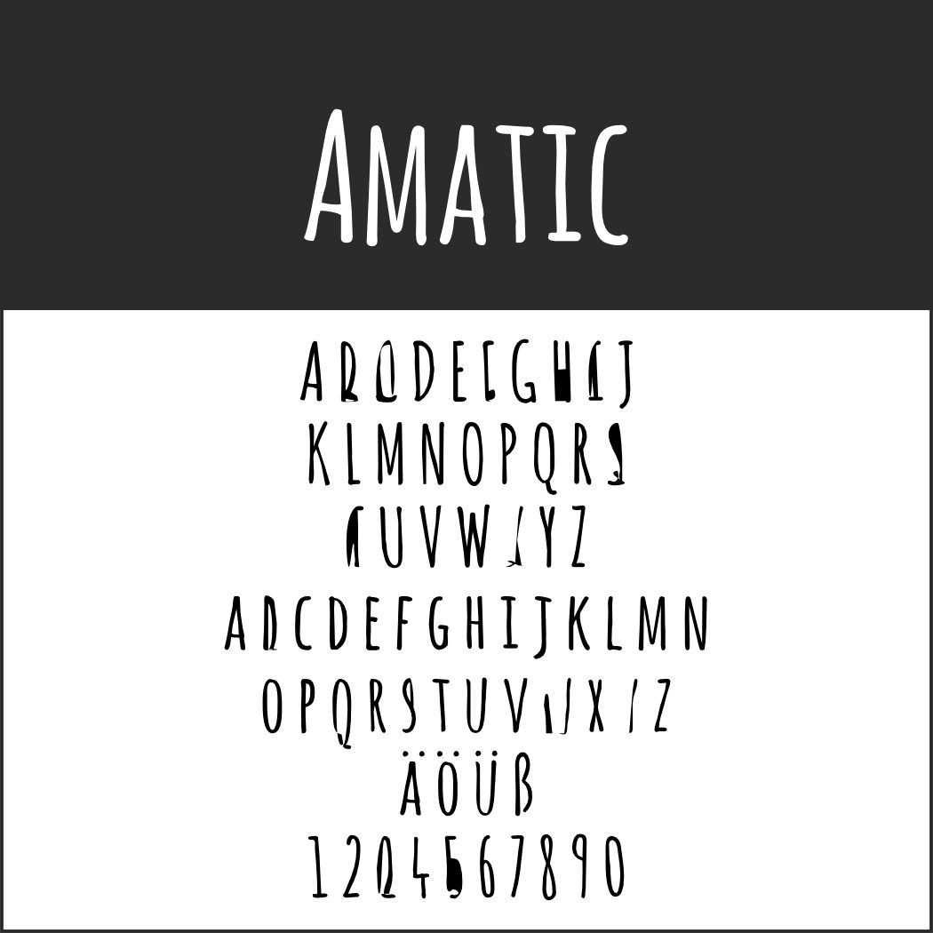Ein Beispiel der Schriftart Amatic, einer beliebten Schriftart, mit Großbuchstaben von A bis Z, den Ziffern 0 bis 9 und den Sonderzeichen Å, Ö, Ü, Ä und Ø. Der handgezeichnete Stil ähnelt der Handschrift und ist weit auseinander auf einem schwarz-weißen Hintergrund angeordnet.