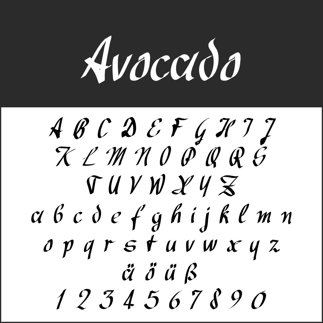 Ein dekoratives Schriftbeispiel mit dem Titel „Avocado“ zeigt die Schriftarten in Groß- und Kleinbuchstaben, komplett mit Umlauten und Zahlen von 0 bis 9, alles elegant auf einem kontrastierenden schwarz-weißen Hintergrund dargestellt.