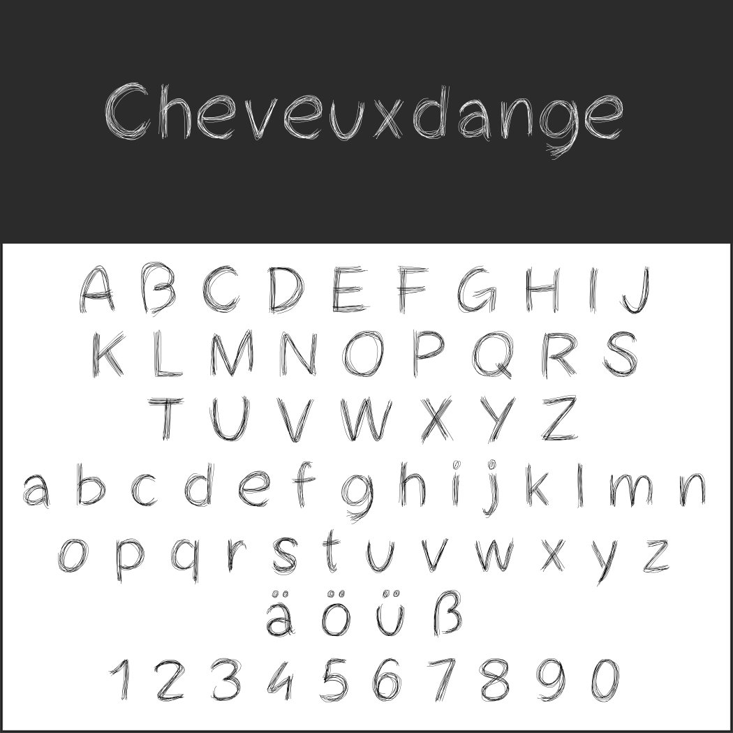 Eine handgeschriebene Schriftart namens „Cheveuxdange“ verkörpert den Charme der Schriftarten Handschrift. Großbuchstaben, Kleinbuchstaben, deutsche Sonderzeichen (ä, ö, ü, ß) und die Ziffern 0-9 tanzen elegant vor einem weißen Hintergrund. Die Textur wirkt skizzenhaft und künstlerisch.