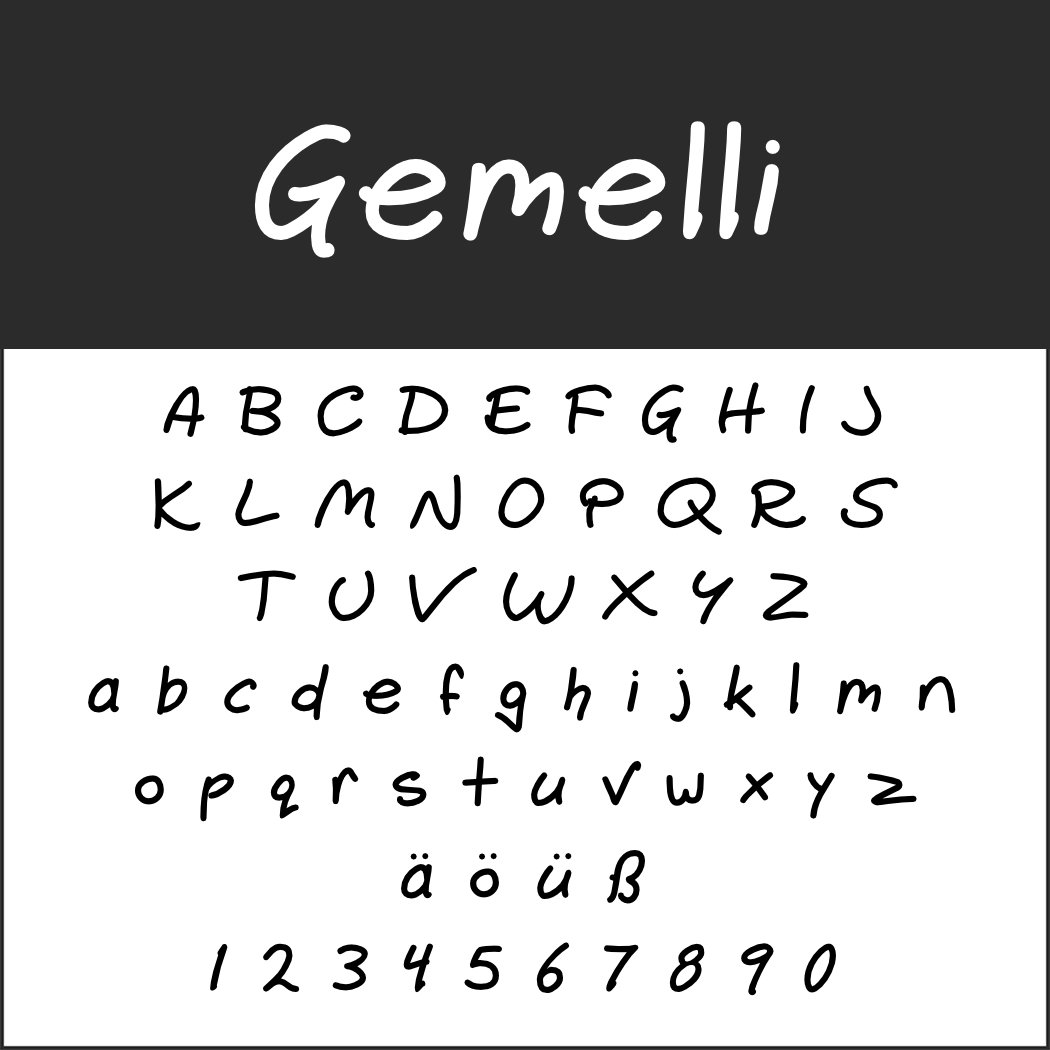 Ein Schwarz-Weiß-Bild präsentiert die Schriftart „Gemelli“ und verbindet den Charme von Schriftarten mit handschriftlichem Flair. Die Darstellung umfasst englische Groß- und Kleinbuchstaben, deutsche Umlaute (ä, ö, ü) und die Ziffern 0-9.