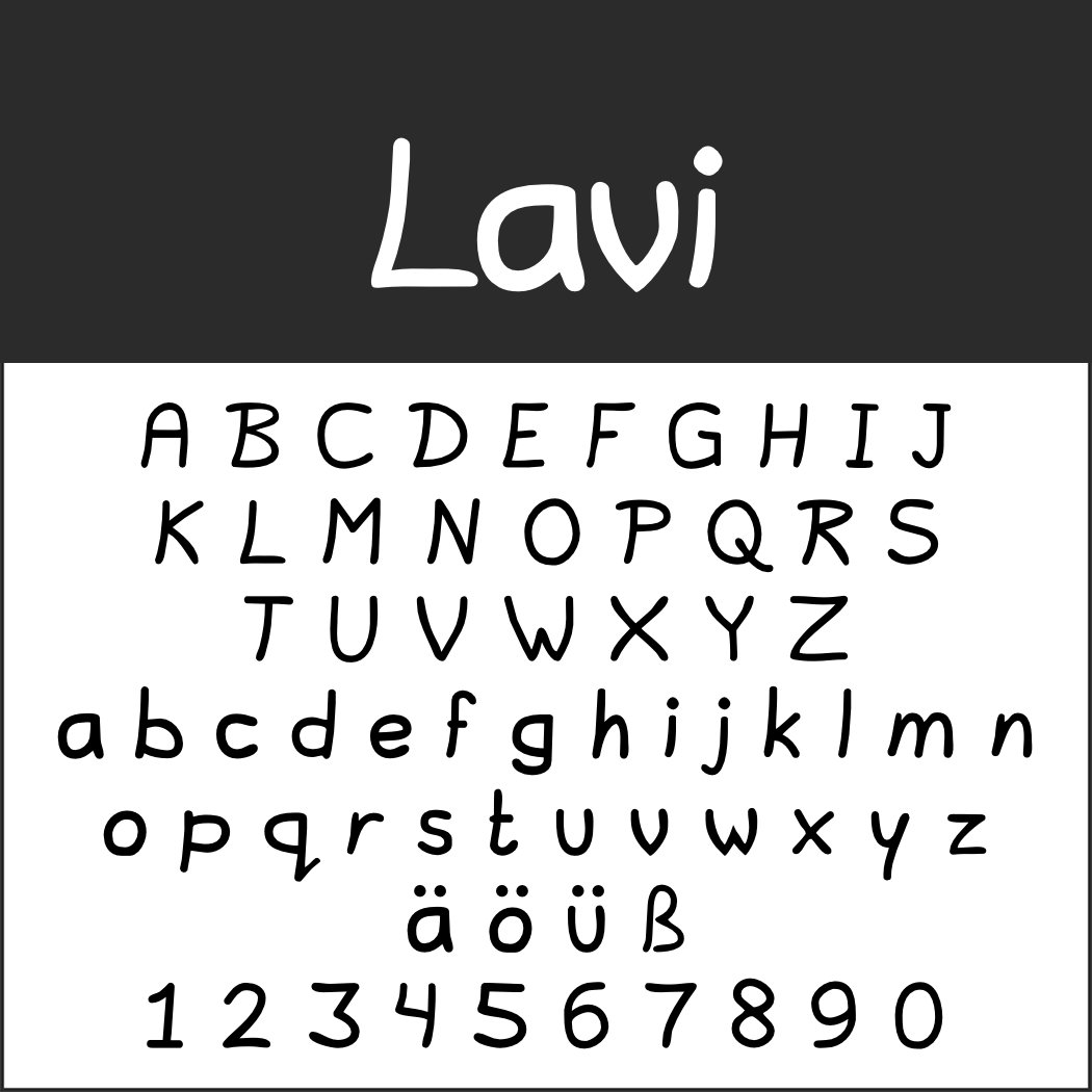 Alphabet und Zahlen im Lavi-Schriftstil. Die Groß- und Kleinbuchstaben sowie die Ziffern 0–9 enthalten zusätzliche Zeichen wie umlaute Vokale: ä, ö, ü. Diese verspielte Schriftart hat ein handschriftliches Erscheinungsbild, das an Handschriftkunst erinnert.