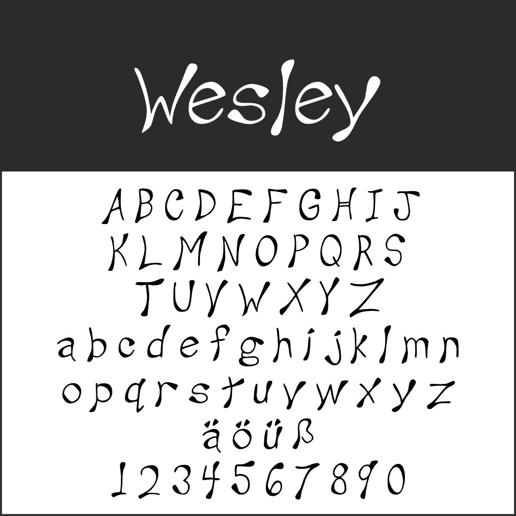 Textbild mit der Schriftart „Wesley“ in einem skurrilen, unregelmäßigen Stil. Groß- und Kleinbuchstaben, die Sonderzeichen ä, ö, ü, ß sowie die Ziffern 0-9 versprühen einen einzigartigen Charme, der an handgeschriebene Schriftarten erinnert.