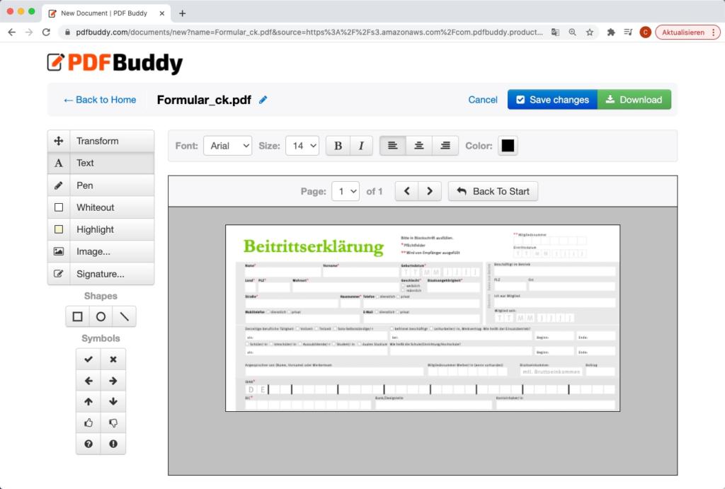 Screenshot von PDFBuddy mit dem Dokument „Formular_ck.pdf“. Es handelt sich offenbar um ein Formular mit dem Titel „Beitrittserklärung“ mit zahlreichen Texteingabefeldern. Die Benutzeroberfläche bietet Bearbeitungswerkzeuge und Optionen zum Speichern oder Herunterladen des Formulars.