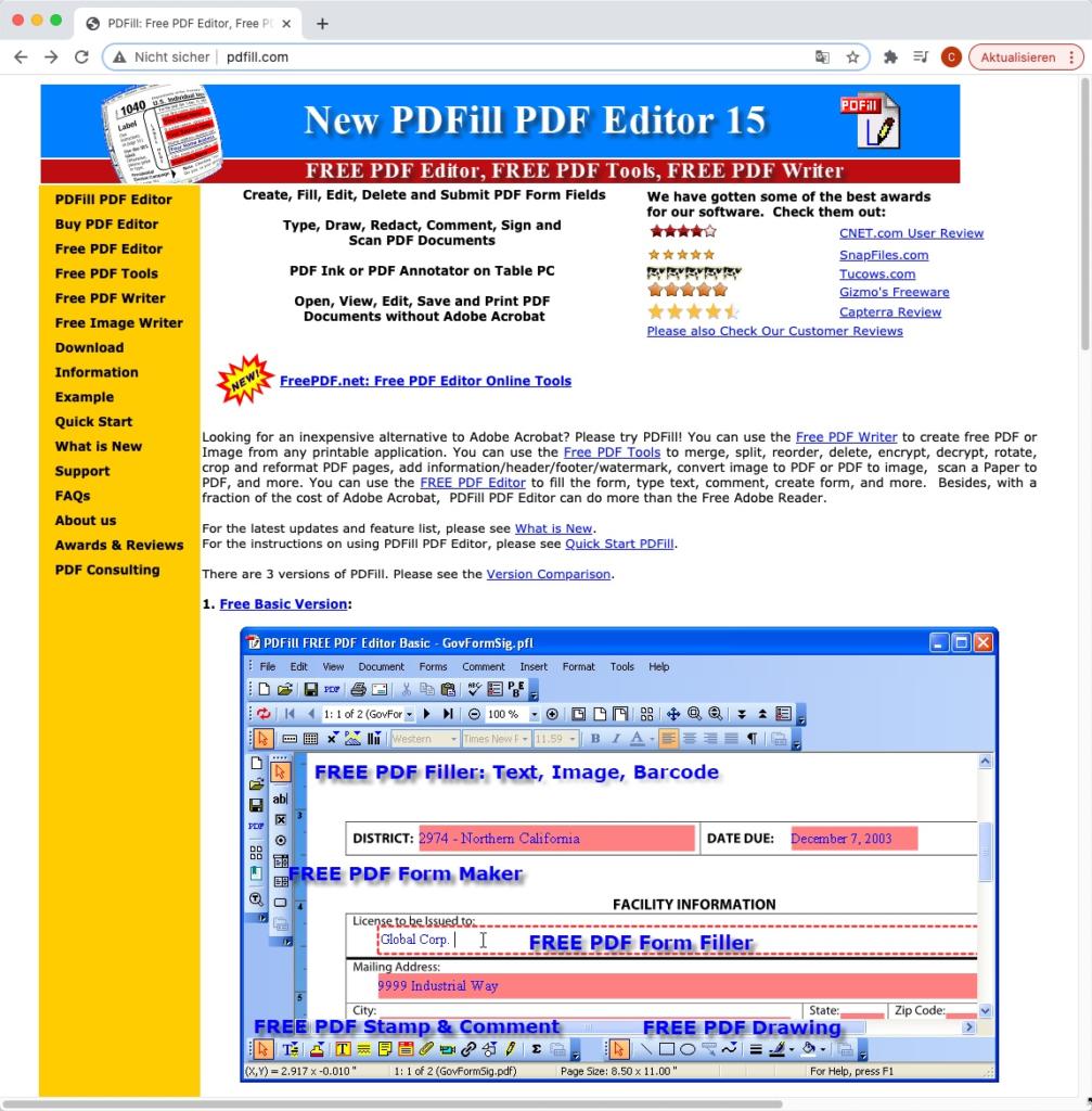 Screenshot einer Webseite für PDFill PDF Editor 15. Sie enthält Navigationslinks auf der linken Seite, ein zentrales Werbebanner und eine Anzeige verschiedener PDF-Bearbeitungsfunktionen wie Formularausfüllen und Dokumenterstellung. Die Seite hat ein helles, übersichtliches Layout.