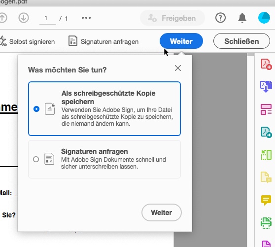 Ein Screenshot zeigt ein Popup in einer Dokumentbearbeitungssoftware. Es bietet auf Deutsch Optionen zum Speichern einer Kopie als „schreibgeschützt“ oder zum Anfordern von Signaturen – ideal, wenn Sie später auf die PDF-Datei zugreifen und sie ausfüllen müssen. Die Schaltflächen „Weiter“ und „Schließen“ sind oben gut sichtbar.