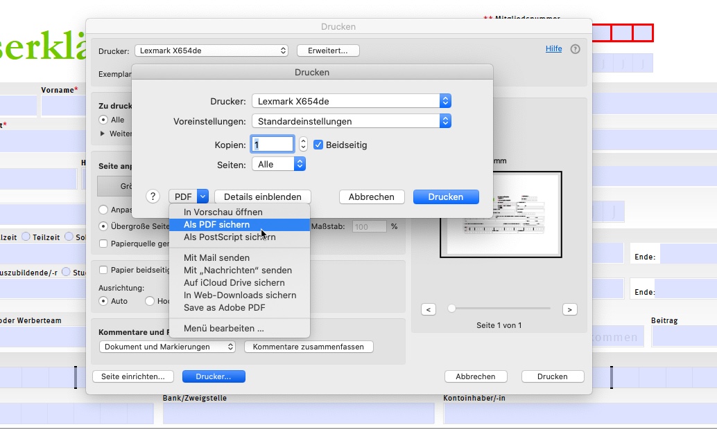 Auf einem Computerbildschirm wird ein Druckdialogfeld für einen Lexmark X654de-Drucker angezeigt. Es bietet Optionen wie Seitenauswahl, Kopien und PDF-Ausfülleinstellungen. Im Hintergrund ist eine unscharfe Webseite oder ein Formular sichtbar.