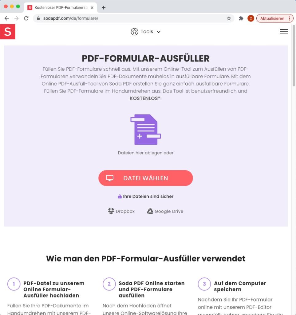 Screenshot einer deutschen Website für einen PDF-Formularausfüller. Sie enthält einen roten Button mit der Aufschrift „Datei wählen“ zur Dateiauswahl und eine Anleitung zur Bedienung. Drei nummerierte Schritte werden unten mit Symbolen angezeigt. Oben ist eine Symbolleiste mit Navigationsoptionen sichtbar.