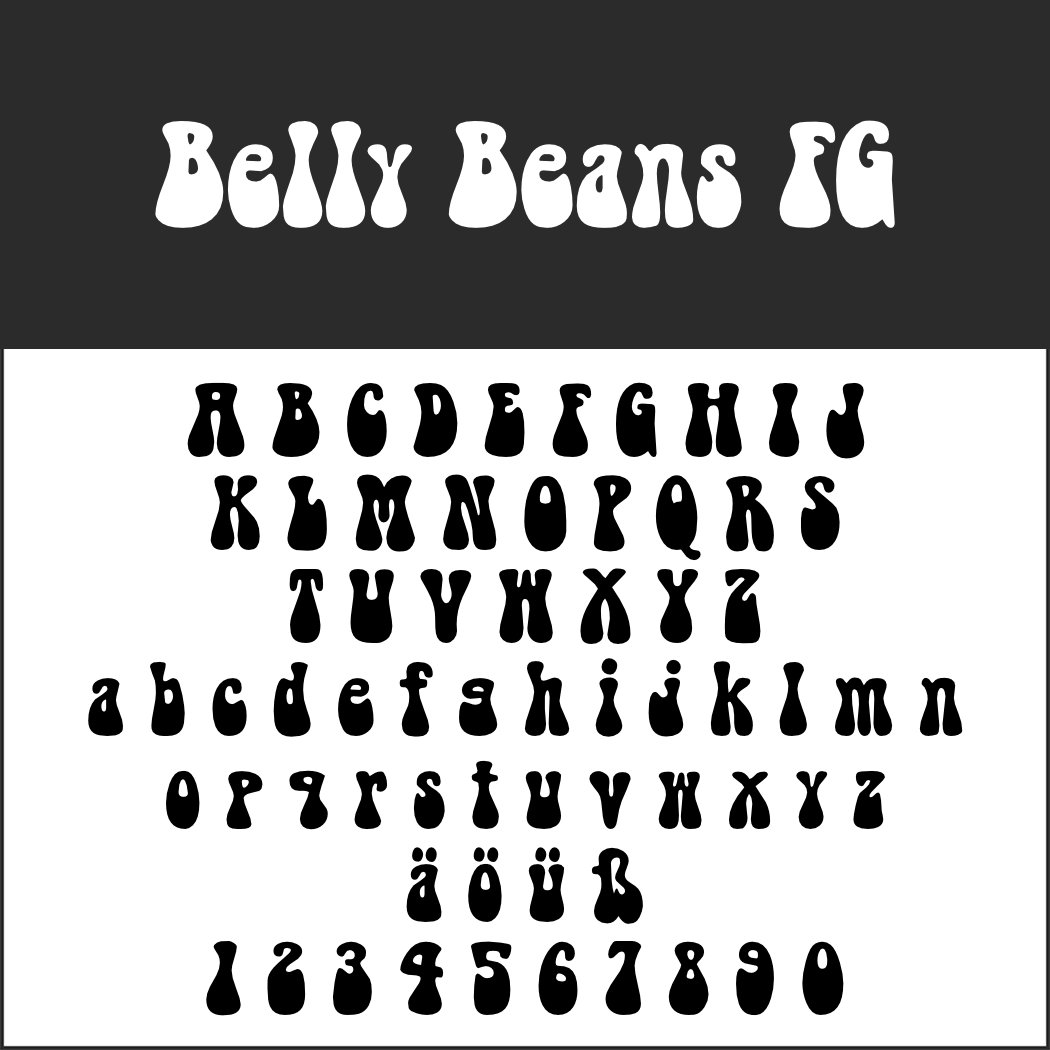 Ein Beispiel für eine Schriftart mit dem Titel „Belly Beans EG“ in einem welligen, abgerundeten Stil, der an Hippie-Schrift erinnert. Es enthält das gesamte Alphabet in Groß- und Kleinbuchstaben, Umlaute (ä, ö, ü) und Ziffern von 0 bis 9. Der Hintergrund ist schwarz-weiß.