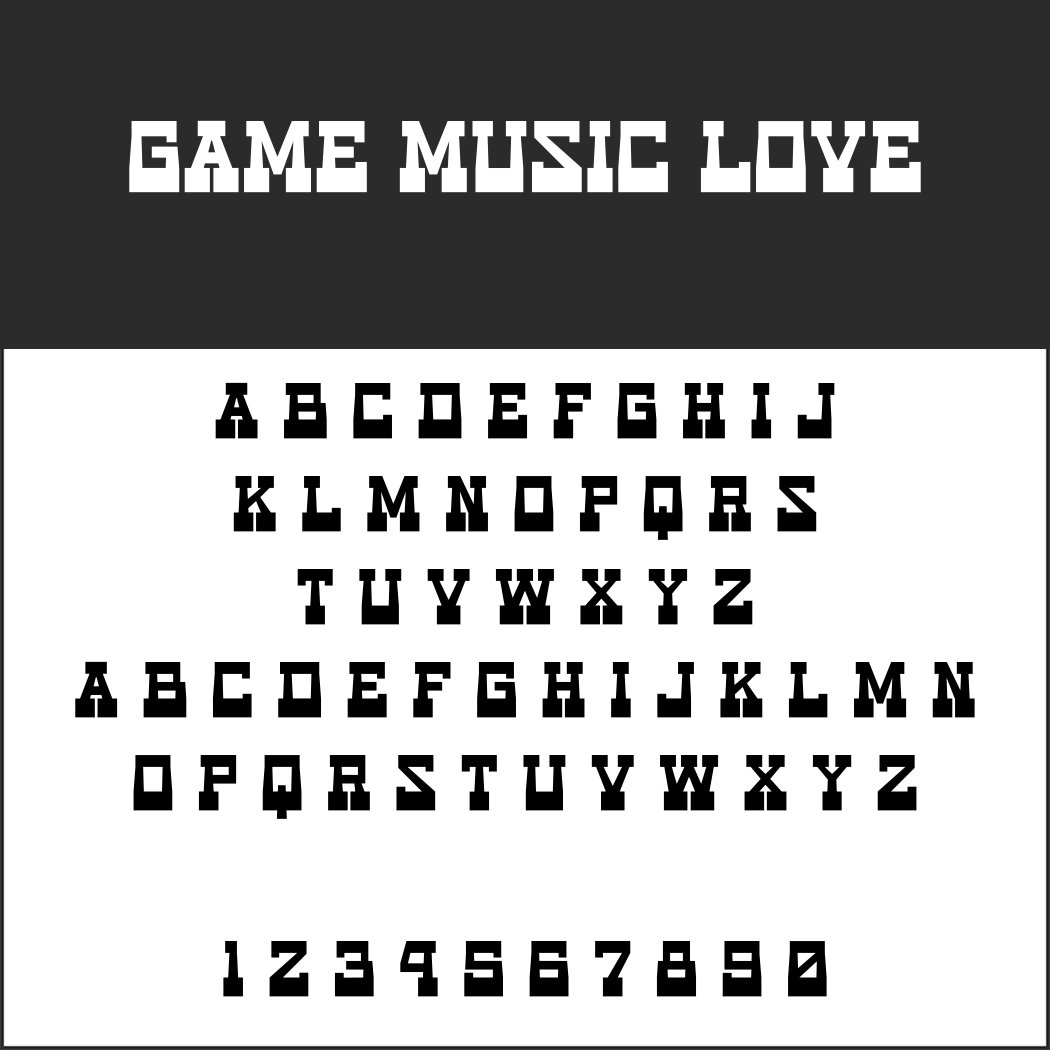 Die auffällige Retro-Schrift „Game Music Love“ verbindet Vintage-Charme mit einem Hauch von Hippie-Schrift. Das pixelige, Arcade-inspirierte Design zeigt Groß- und Kleinbuchstaben sowie die Zahlen 0 bis 9 in schwarzer Schrift auf weißem Hintergrund mit dunkler Überschrift.