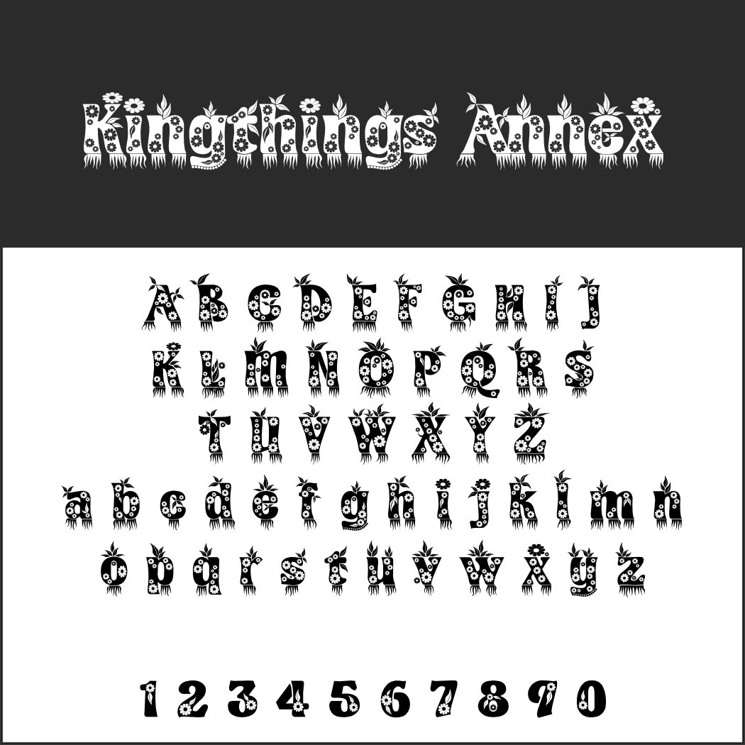 Alphabet und Zahlen in einem skurrilen, verzierten Schriftstil namens „Kingthings Annex“ mit kunstvollen, verspielten Mustern wie Punkten und Schnörkeln, die an die freigeistige Ästhetik der Hippie-Schrift erinnern.
