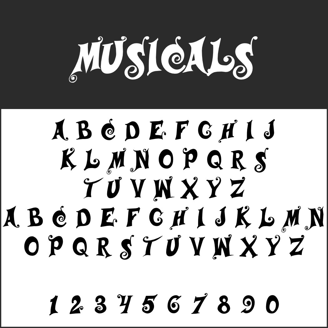 Wunderliches, dekoratives Schriftbeispiel mit dem Titel „Musicals“ in Großbuchstaben im Hippie-Schriftstil. Enthält zwei verspielte Alphabetstile und die Zahlen 0-9 mit Wirbeln auf schwarz-weißem Hintergrund.