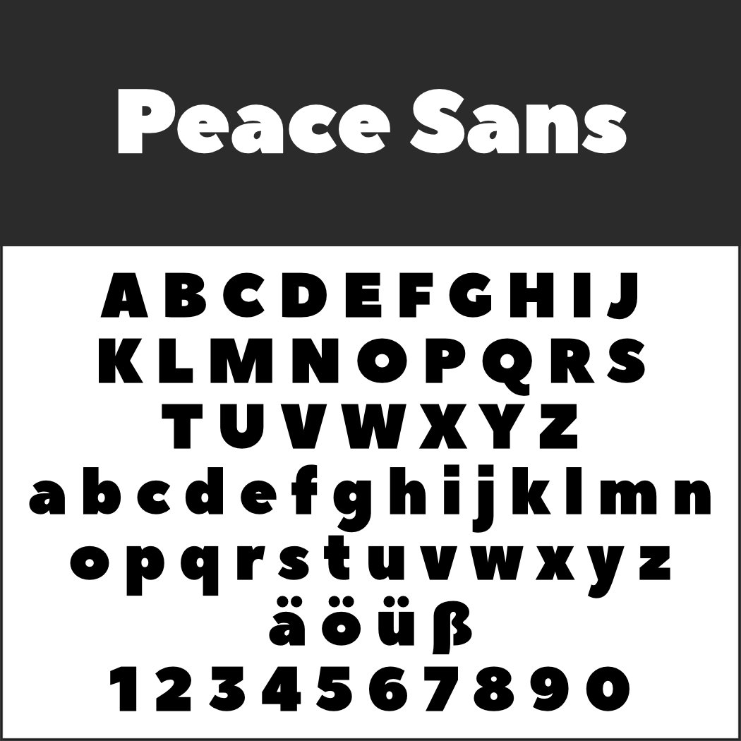 Hippie Schrift erweckt diese Darstellung der Schriftart Peace Sans zum Leben und umfasst Groß- und Kleinbuchstaben von A bis Z, Sonderzeichen (ä, ö, ü, ß) und die Zahlen 0 bis 9. Das kräftige und dennoch verspielte Design ist auf einem zeitlosen schwarz-weißen Hintergrund abgesetzt.