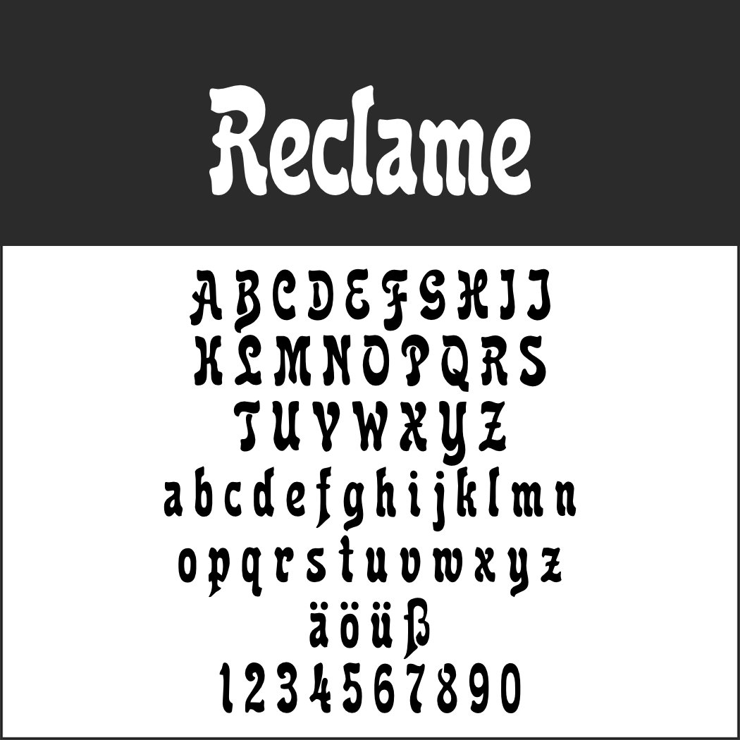 Der Text auf dem Bild zeigt das Wort „Reclame“ in einer dekorativen Hippie-Schriftart, gefolgt von einem vollständigen Alphabet in Groß- und Kleinbuchstaben, Sonderzeichen (ä, ö, ü) und den Zahlen 0 bis 9 – alles in einer stilisierten Schriftart auf einem auffälligen schwarzweißen Hintergrund.
