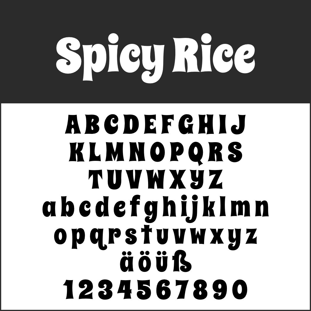 Fettgedrucktes, stilisiertes Schriftbeispiel mit dem Titel „Spicy Rice“ auf schwarzem Hintergrund. Diese Hippie-Schrift besteht aus Groß- und Kleinbuchstaben, Sonderzeichen (ä, ö, ü, ß) sowie den Ziffern 0-9 in einem optisch markanten, abgerundeten Schriftbild.