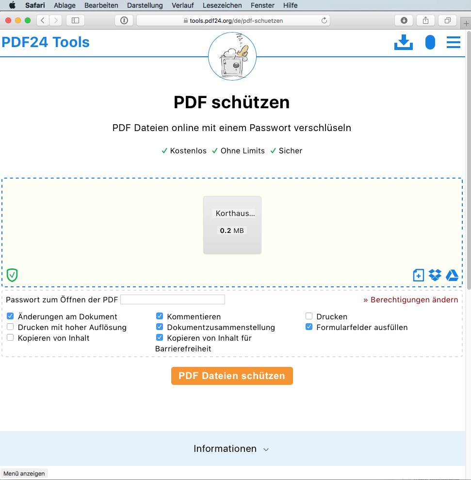 Ein Screenshot einer deutschsprachigen PDF-Schutz-Webseite zeigt eine hochgeladene Datei namens „Korthuas.pdf“ mit einer Größe von 0,2 MB. Es werden Optionen zum Bearbeiten und Drucken angezeigt, sowie eine Schaltfläche mit der Aufschrift „PDF Dateien schützen“, um die PDF-Datei zu sichern oder zu verschlüsseln.