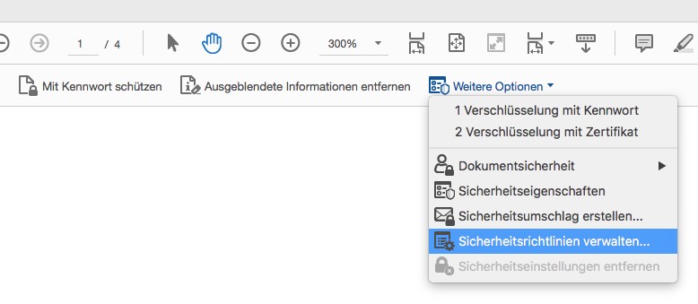 Eine digitale Benutzeroberfläche mit einem Dropdown-Menü für Sicherheitseinstellungen, darunter „PDF verschlüsseln“ und Passwortschutz. Die Anzeige ist Teil einer Symbolleiste mit verschiedenen Symbolen und auf 300 % Zoom eingestellt. Der Text erscheint in deutscher Sprache.
